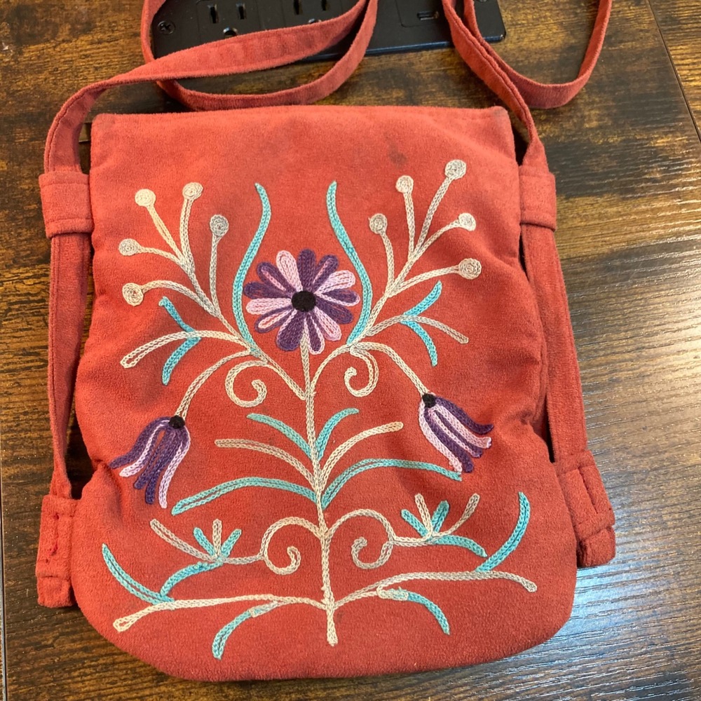 Boho Embroidered Faux Suede Crossbody Bag Terracotta Floral Small Messenger
